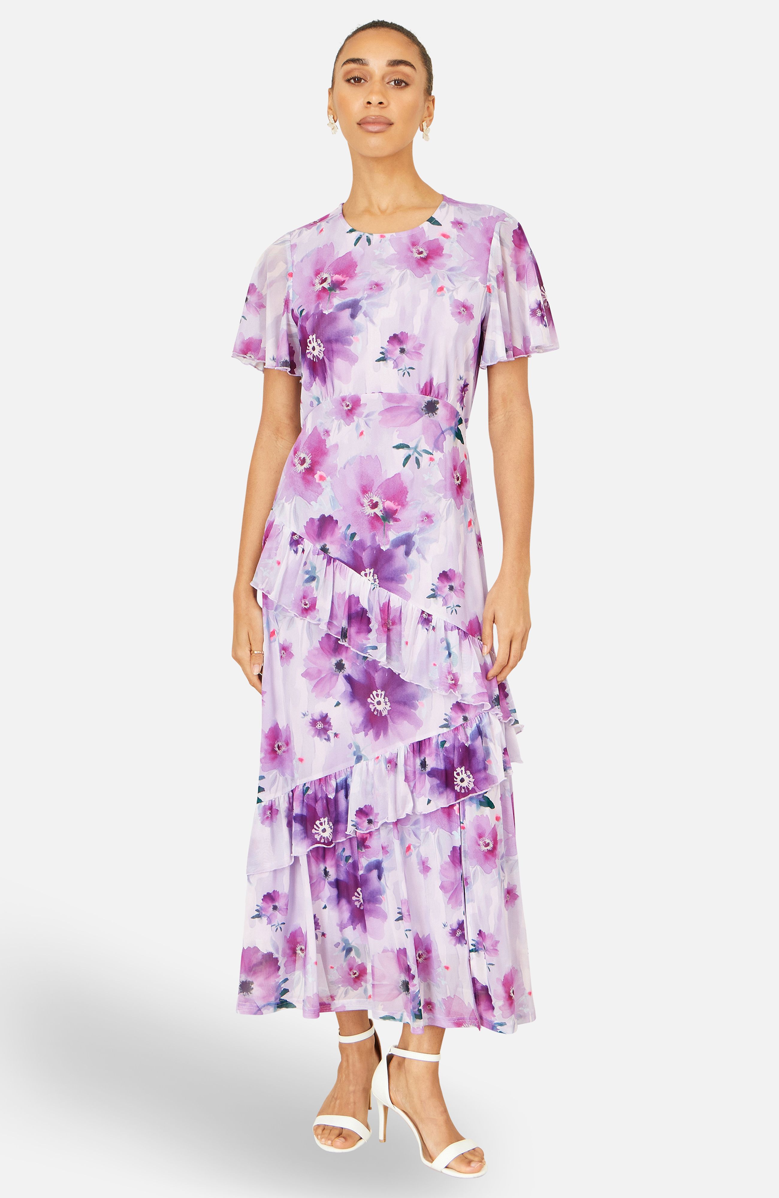 Yumi Lavender Floral Print Frill Midi Dress