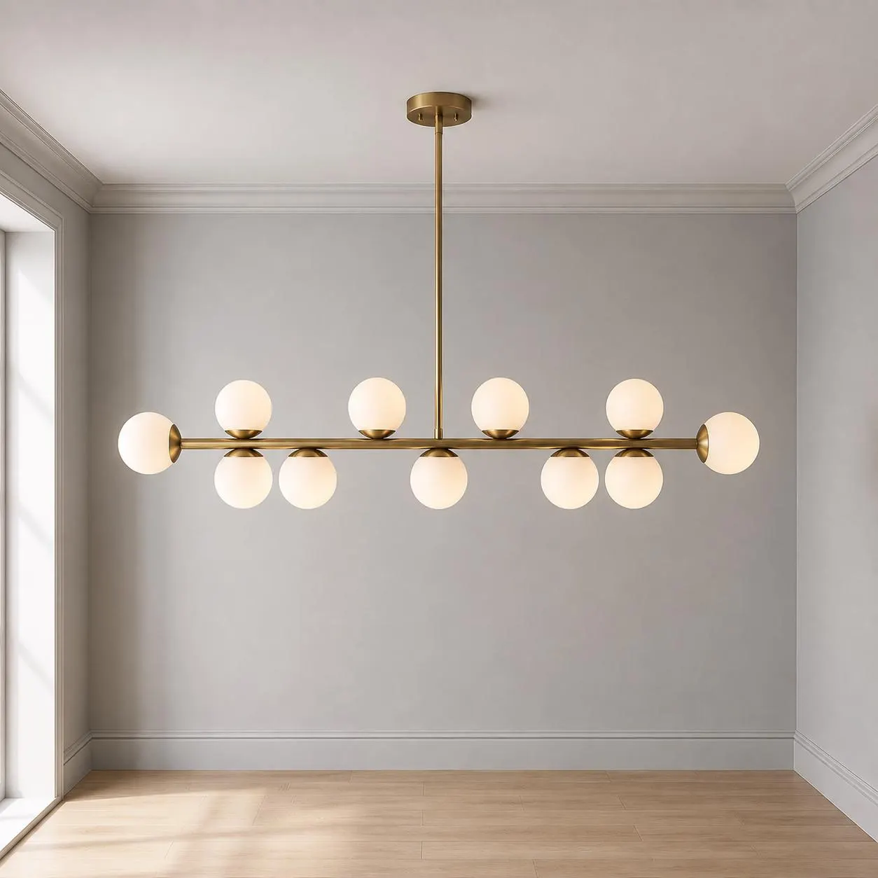 60 Inch Modern Globe Chandelier, Opal Glass Pendant Light, Linear Dining Room Chandelier, Kitchen Island Light, Luxury Mid Century Fixture