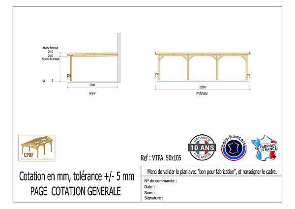 Carport adossé toit plat 500cmx1050cm, bois DOUGLAS Français (Charpente en bois-auvent-abri voiture) 52,50 m². Garantie 10 ans