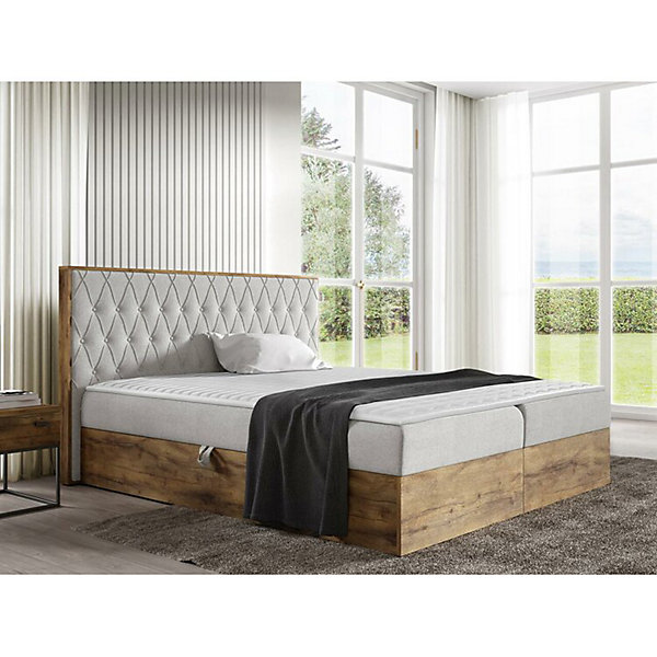Lit continental Baltimore 190, Double, Gris, Tissu, Disponible
