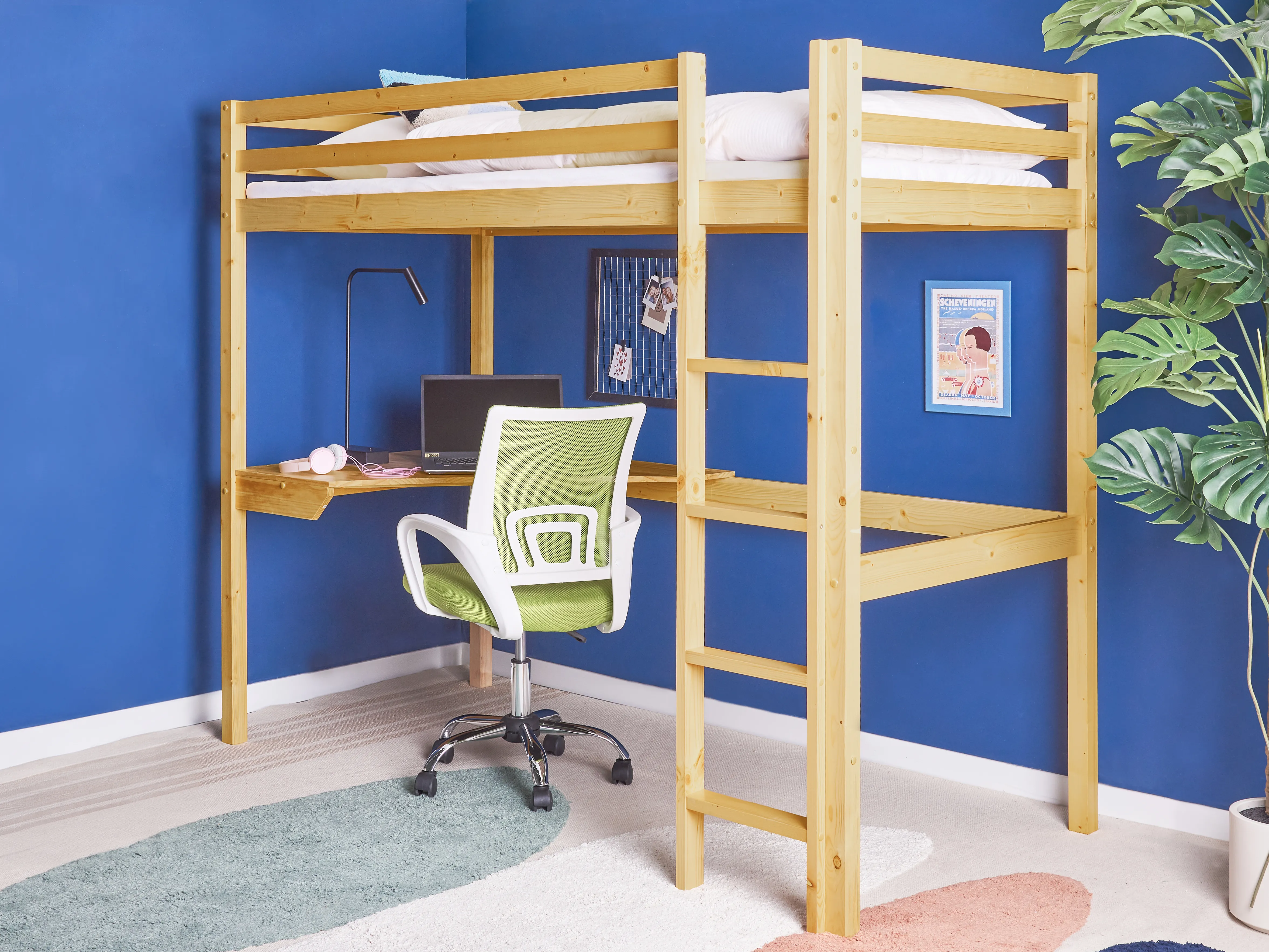 High Sleeper Bed with Desk Pine Wood LOURY 90 x 200 cm (EU Single) Light Brown