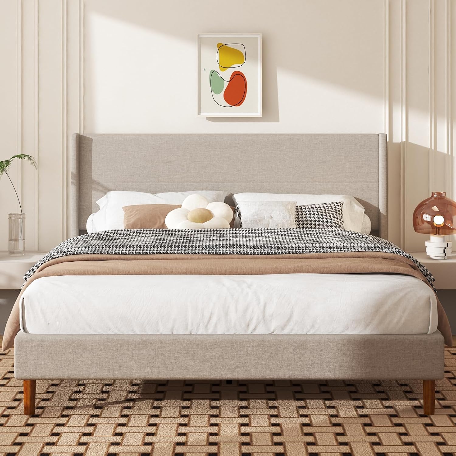 King Size Bed Frame, Linen Upholstered Platform with Wingback Headboard, Wooden Slats Support, No Box Spring Needed, Easy Assembly, Beige