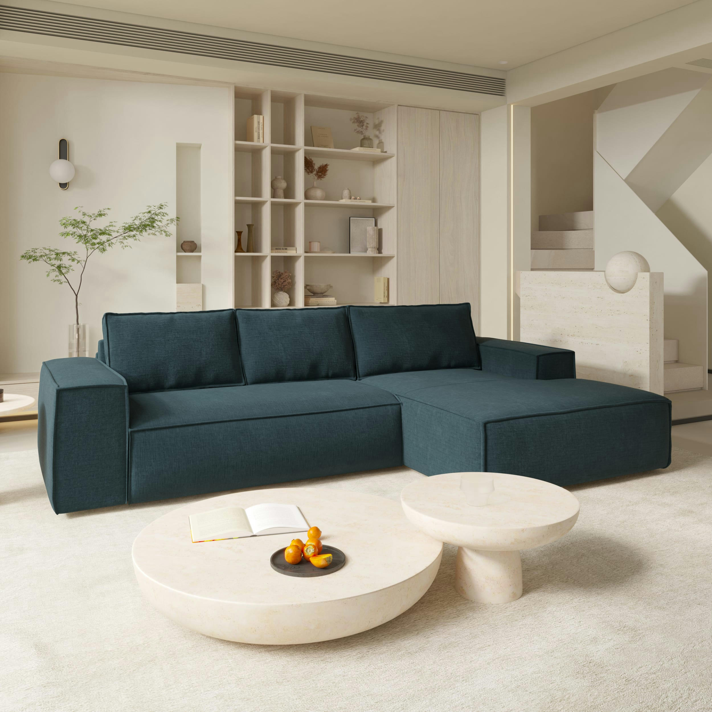 JOAN - Canapé convertible angle droit dunlopillo velours texturé bleu 140cm