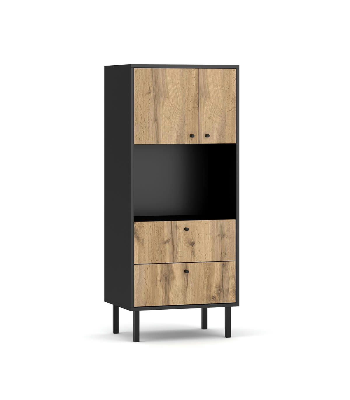 BOSPE - Buffet Haut 2 Portes 2 Tiroirs L57 x H135 cm - Décor chêne et Noir