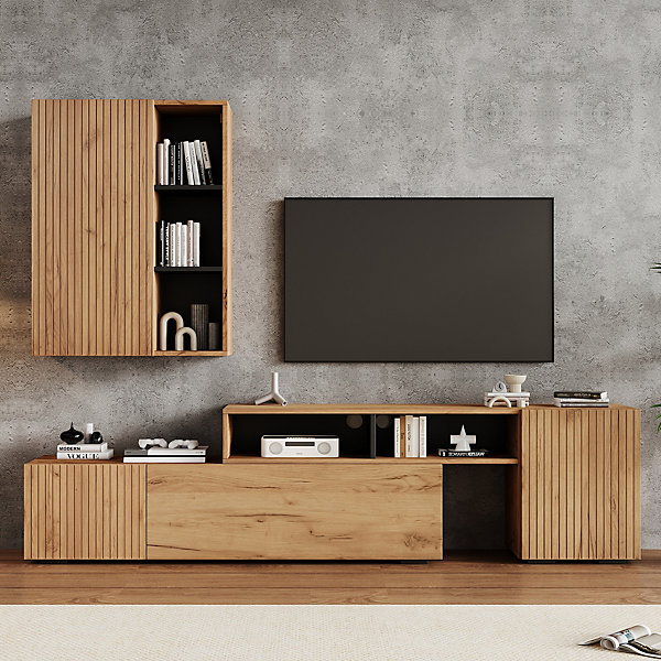 Ensemble Mural TV Complet Modulable avec 4 Portes, 2 Tiroirs, Vitrine et étagères, Design Bois et Noir - 265x35x122 cm