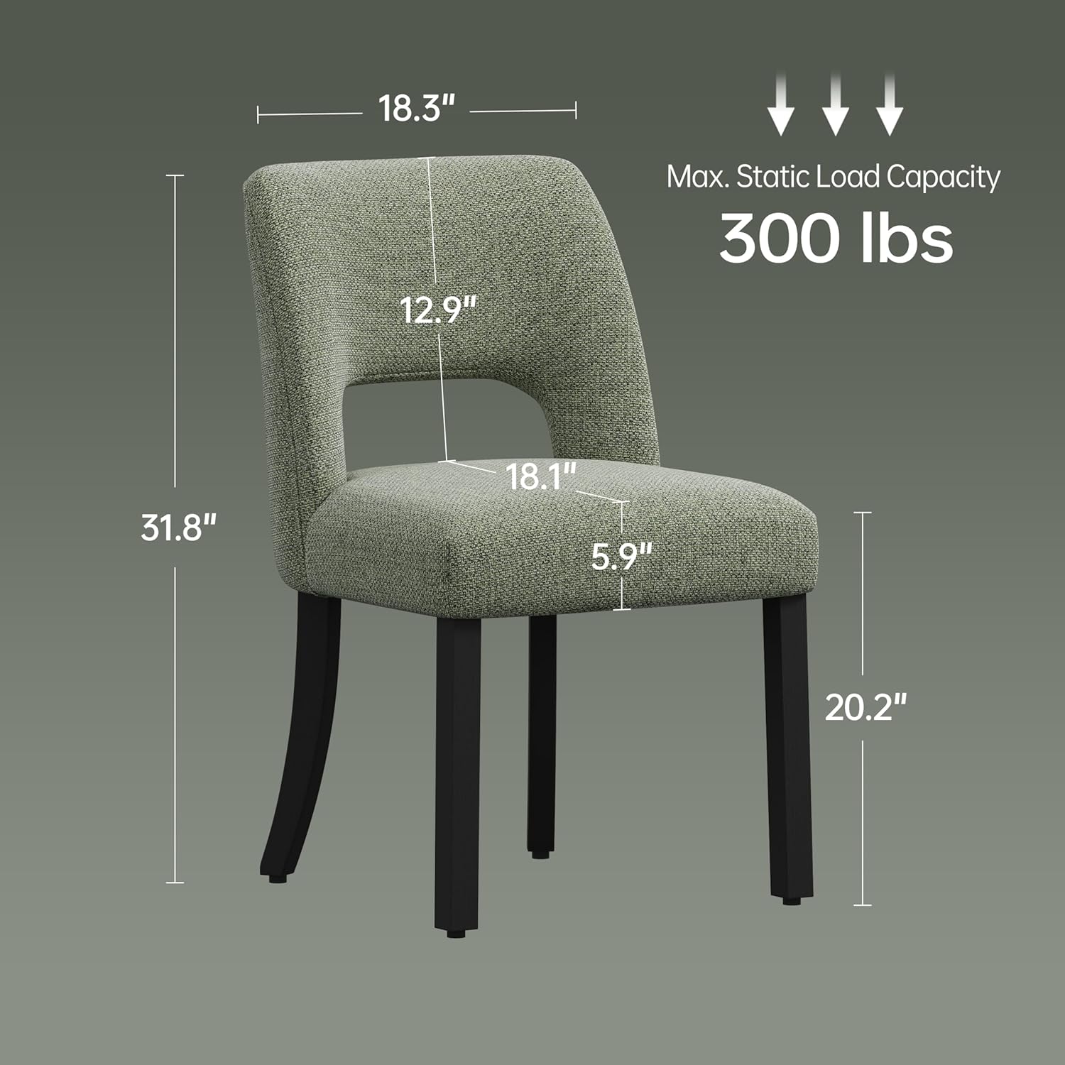 keoni Wooden Dining Chairs Set of 4, Mid Century Modern Upholstered Dining Room Chairs with Black Wood Legs, Fabric Farmhouse Kitchen Chairs with Foot Pegs for Dining Room, Green