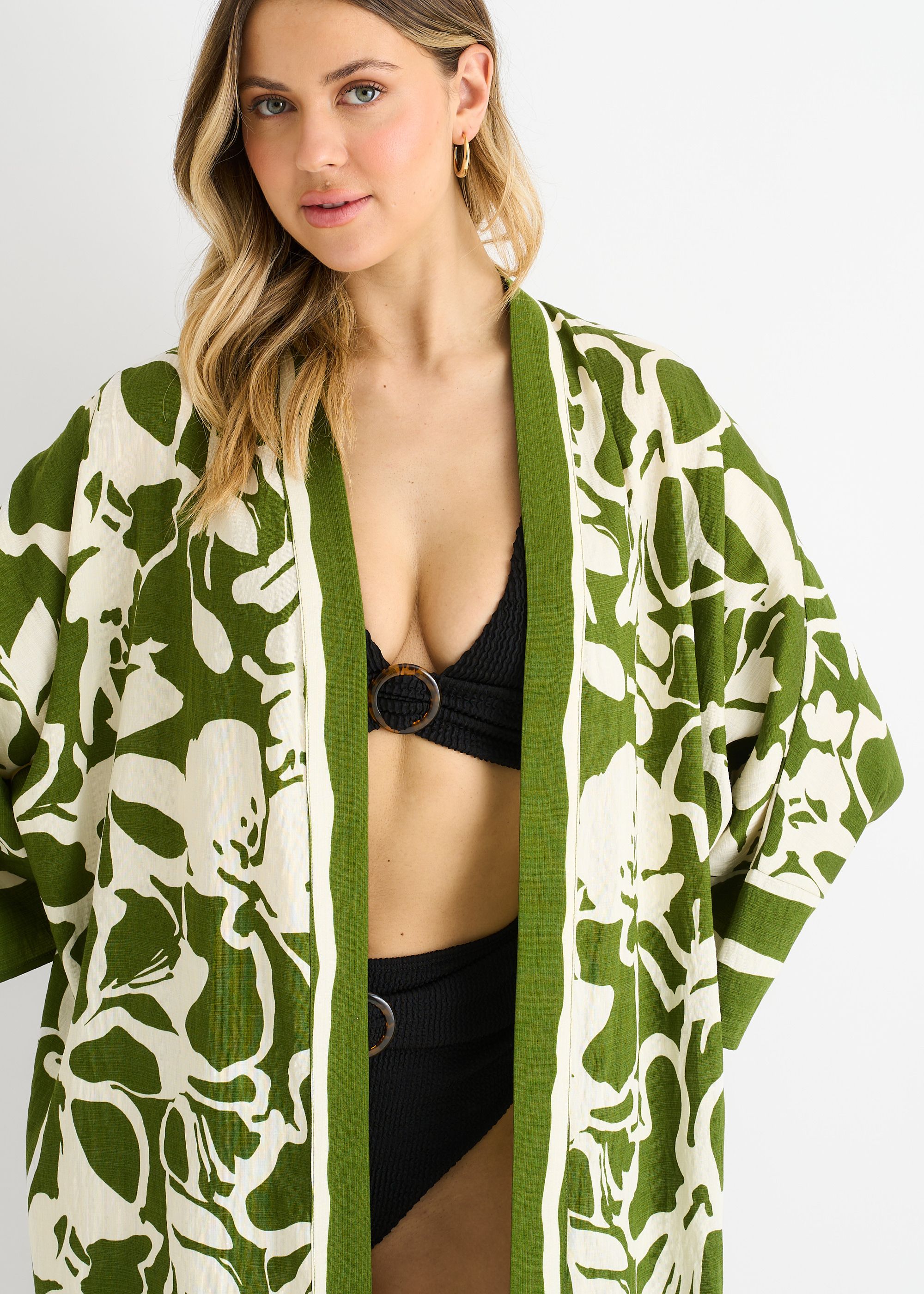 Gini London Green Summer Border Printed Beach Kimono