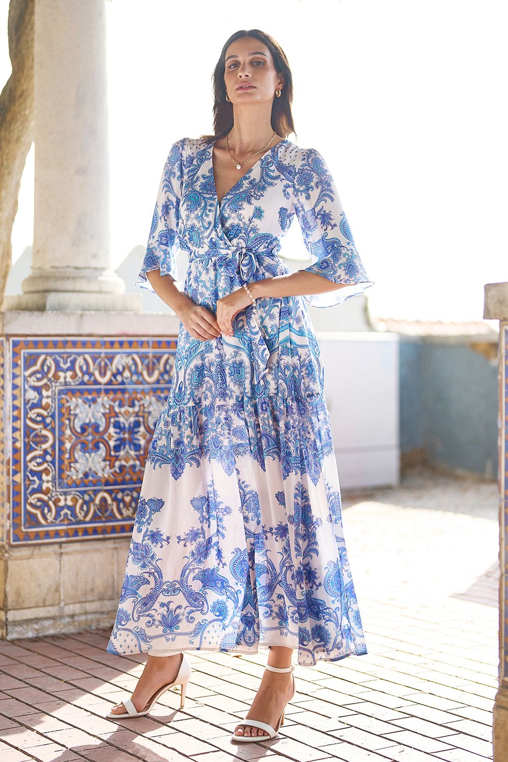 Yumi Blue Paisley Wrap Midi Dress With 3/4 Sleeves