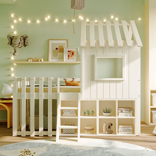Lit enfant 90x200 cm - Lit mi-hauteur cabane avec échelle, toit et fenêtres - Structure robuste en bois massif - Blanc