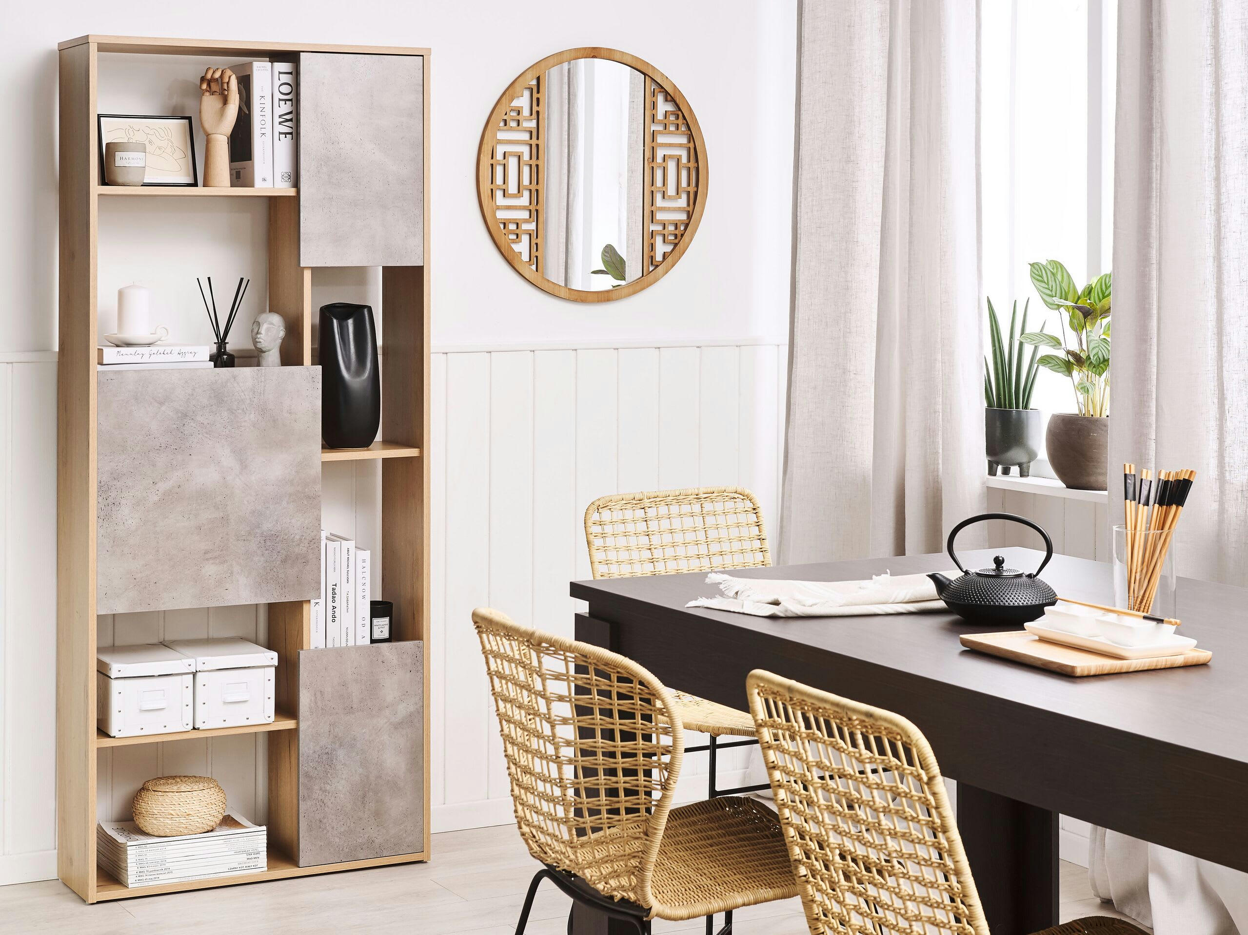 GRADA - Bibliothèque effet bois clair et béton 6 niveaux