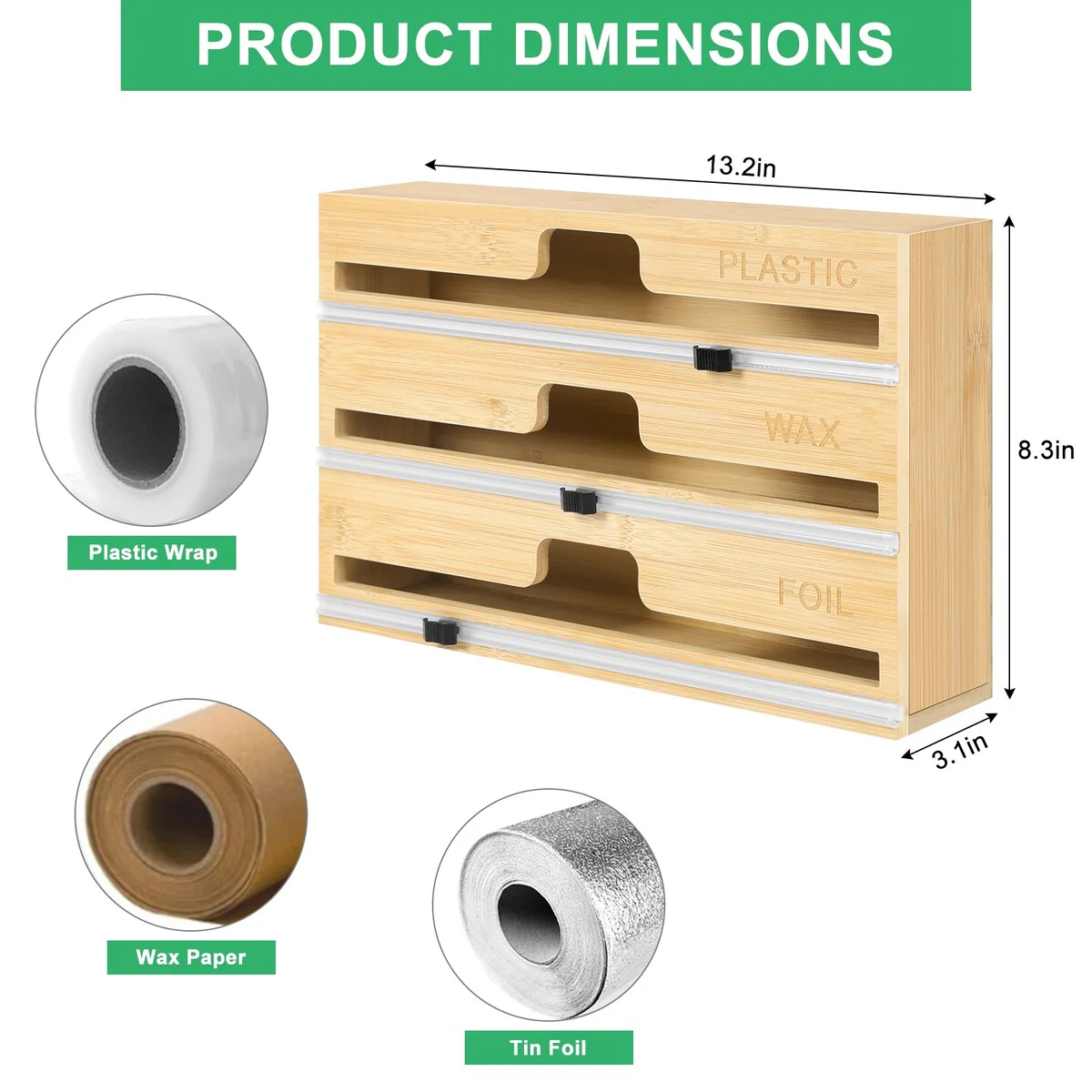 Plastic Wrap, Aluminum Foil and Wax Bamboo Dispenser for Kitchen Storage - 1PCS