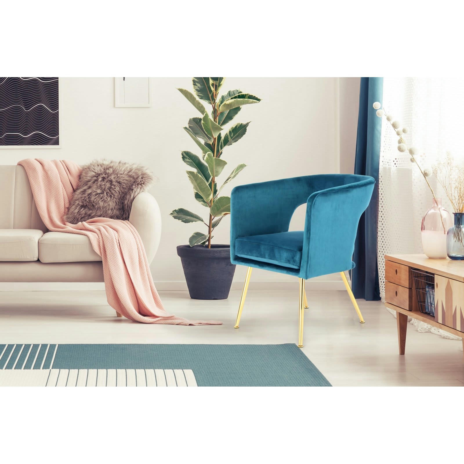 JOLENE - Fauteuil Velours Bleu H. assise 45 cm