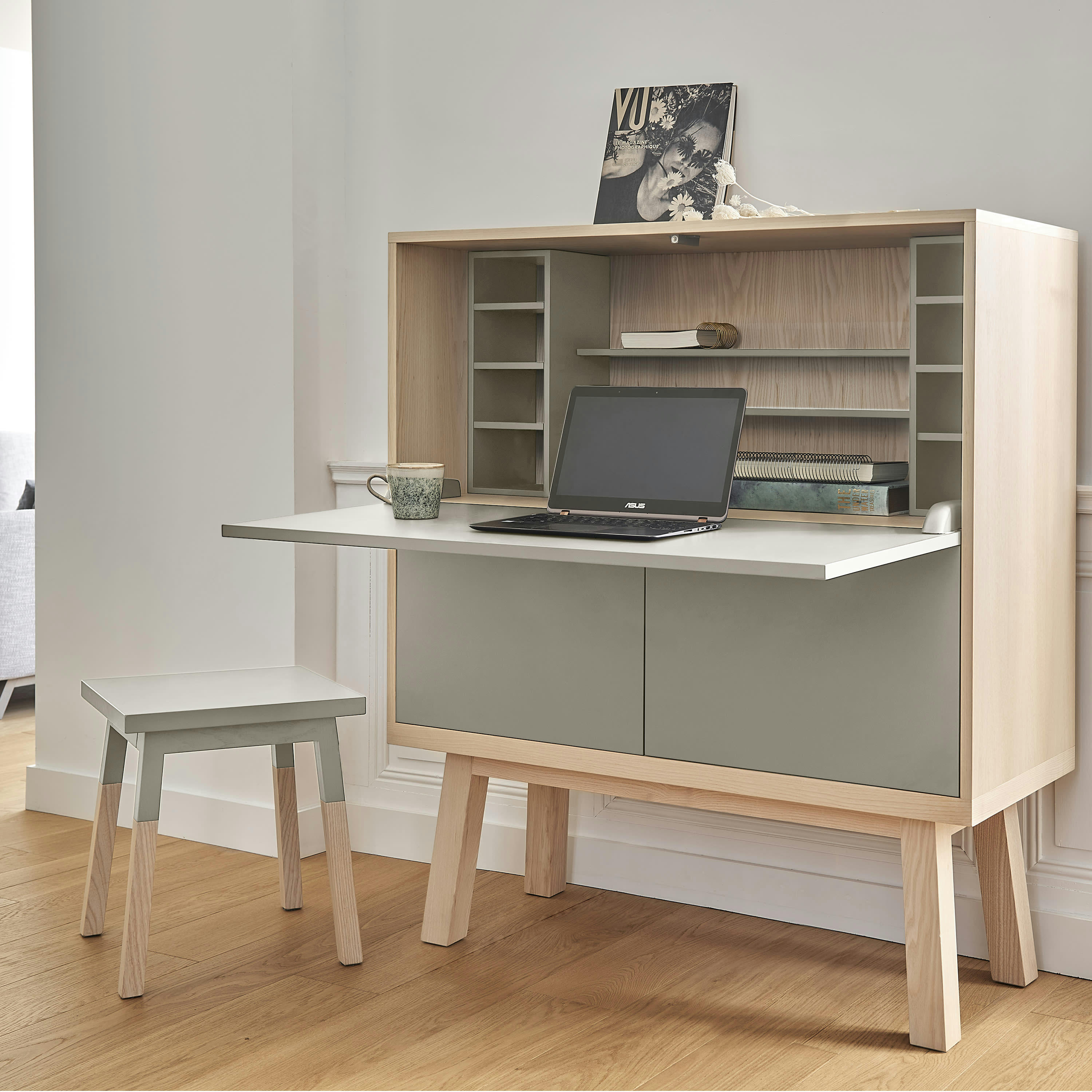 KUBE - Bureau secrétaire avec rangement, 120 cm de large, en frêne
