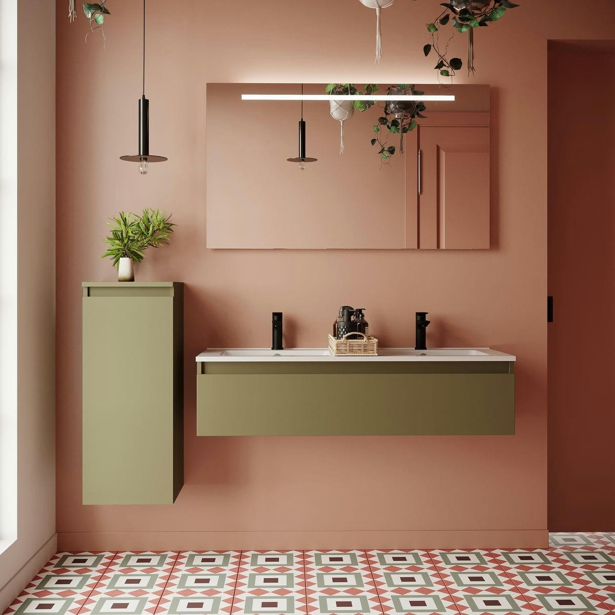 HUDSON - Meuble salle de bain double vasque 120cm 1 tiroir Vert