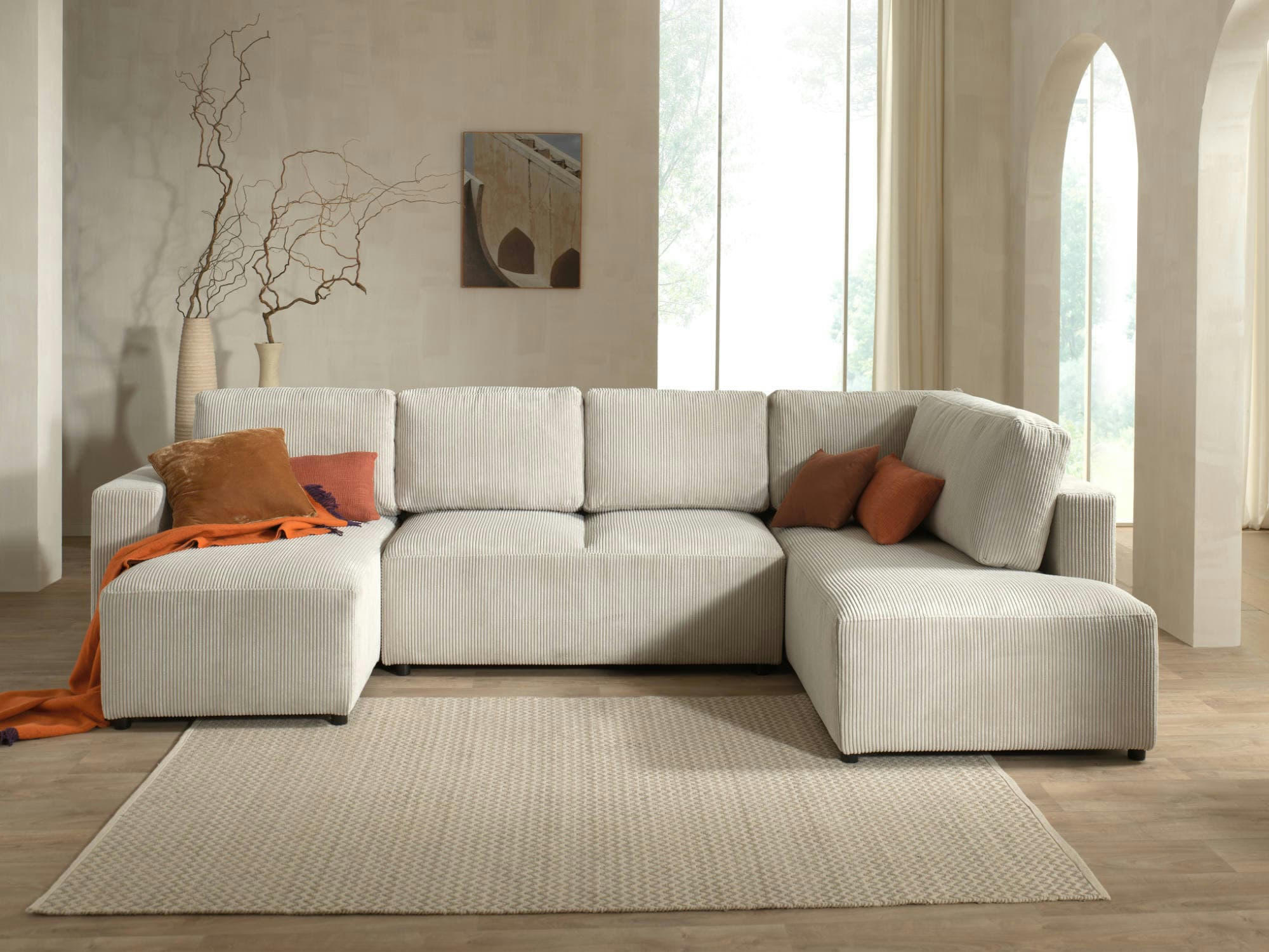 LIVY - Canapé panoramique 7 places angle droit en velours côtelé beige