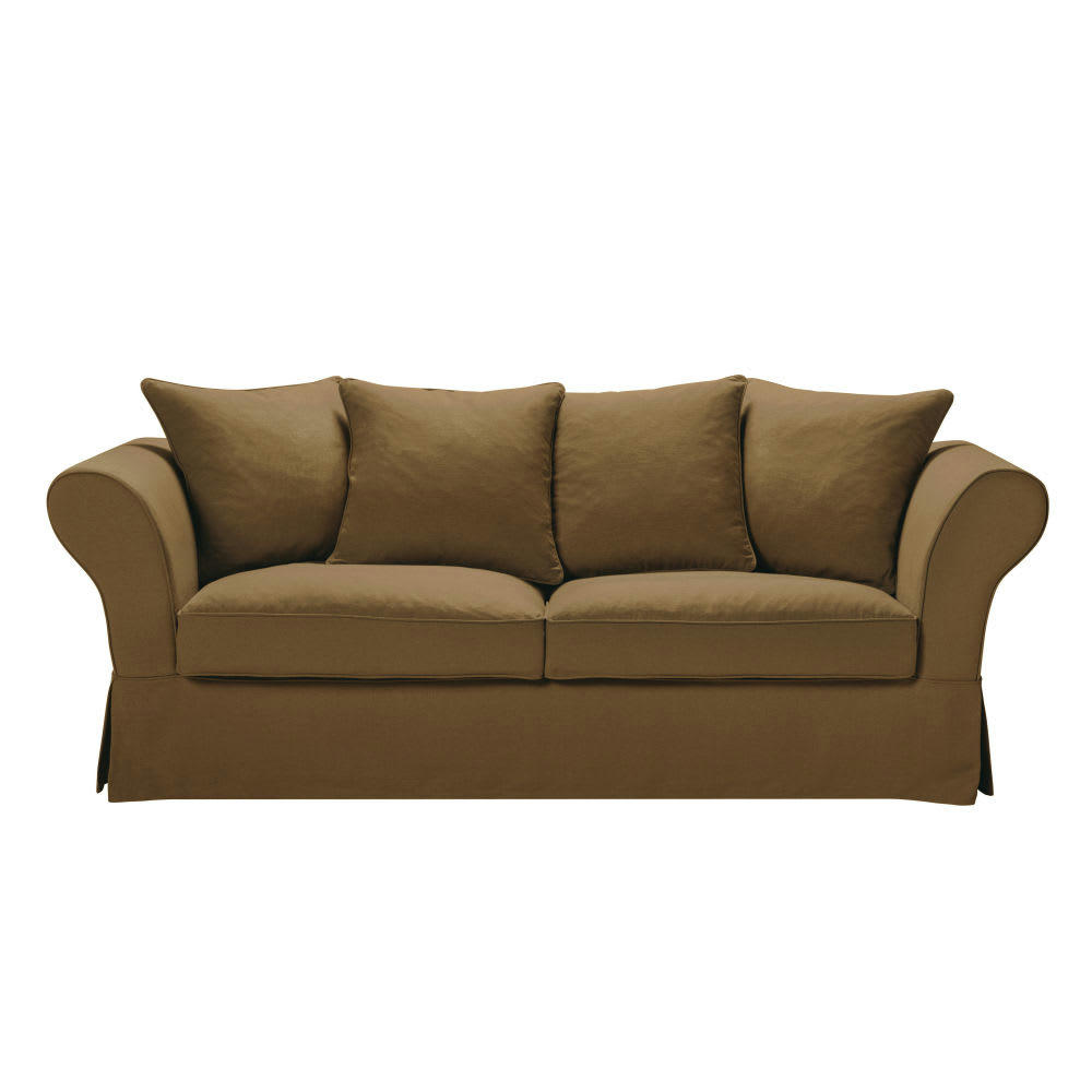 Roma - Housse de canapé fixe et convertible 3/4 places (matelas 6 cm) en lin froissé orange de Sienne