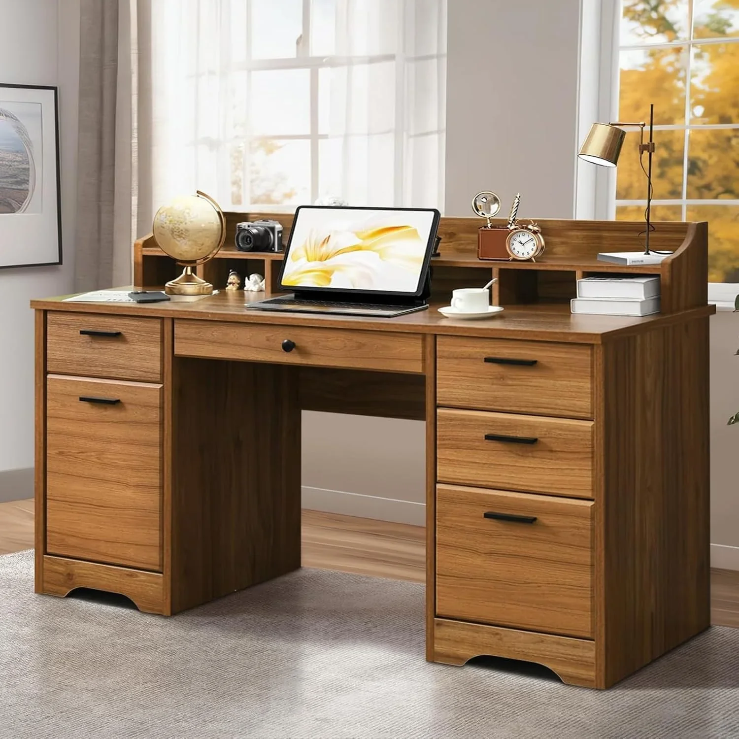 Executive Desk with Drawers, 58 Inch Desk with Storage, Wood Executive Desk with 6 Drawers, Study Desk for Bedroom, Business Furniture Desk with File Cabinet, Vintage Brown(Vintage Brown)