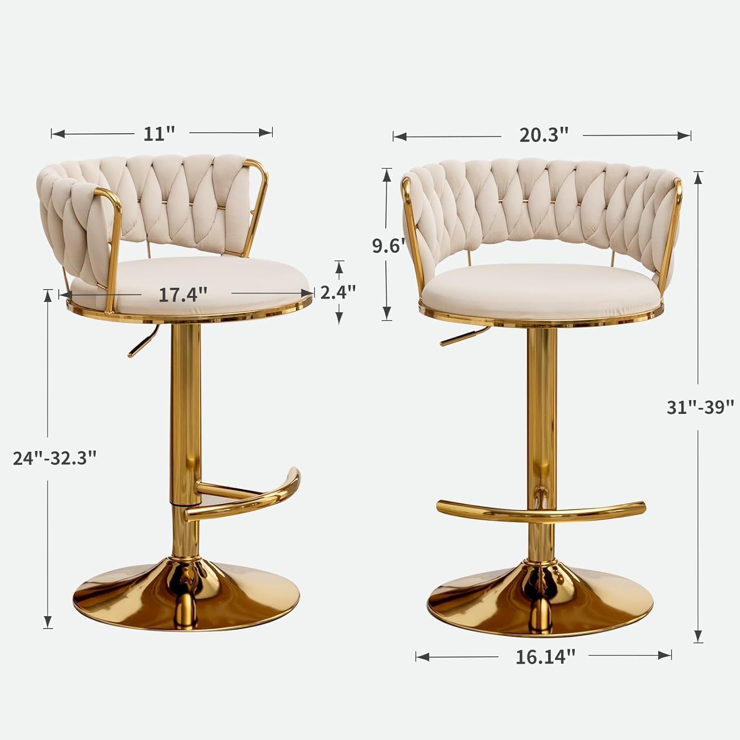 Gold Bar Stools Set of 3, Counter Height Bar Chairs with Low Back, Velvet Adjustable Height Barstools, 360° Swivel Bar Stools for Kitchen Island, Pub (Beige)
