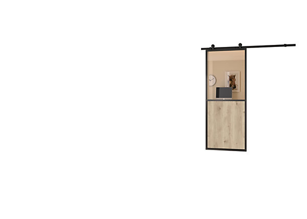Kit porte coulissante en applique contemporain chêne terra cadre en aluminium noir et verre transparent H.204 X 83 X 3,6 cm