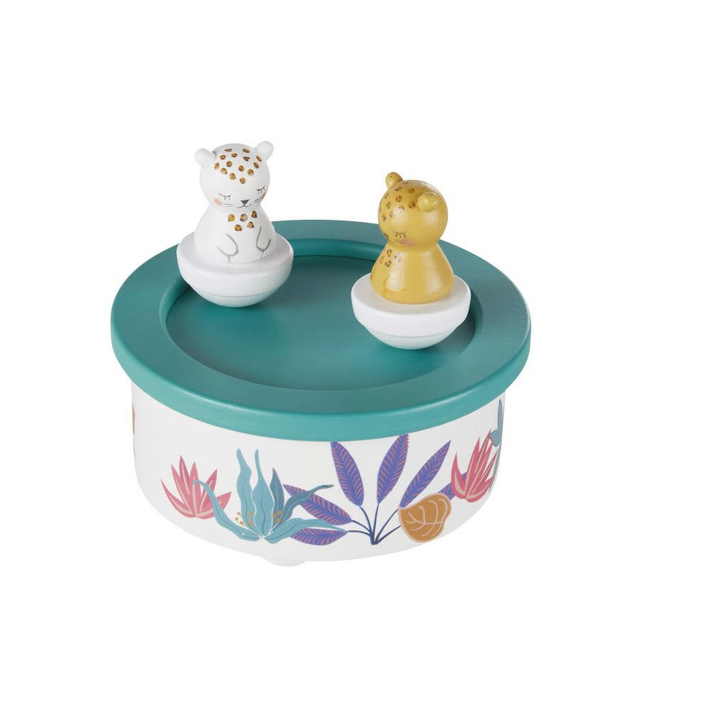 MADRID - Boîte à musique animaux en bois de hêtre vert, jaune et blanc