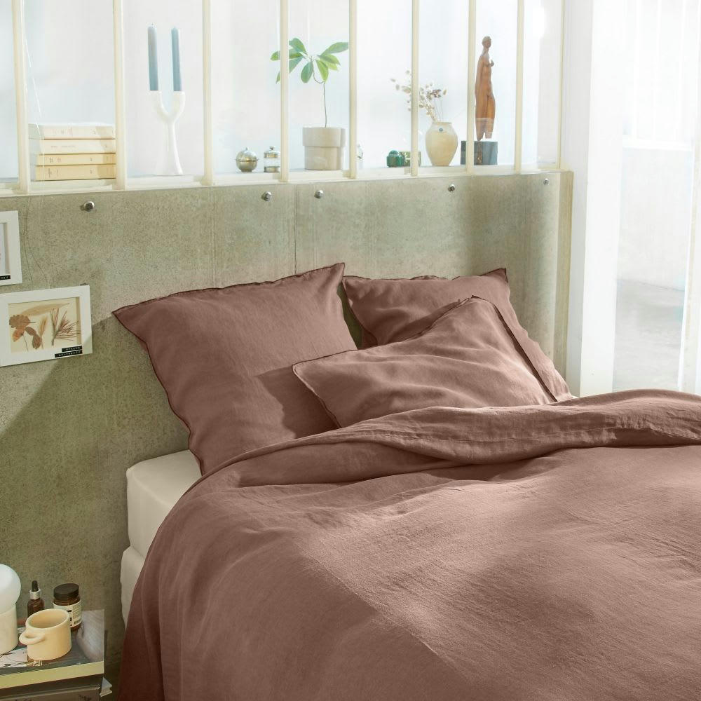 - Parure de lit 2 places en lin français lavé marron 220x240 cm