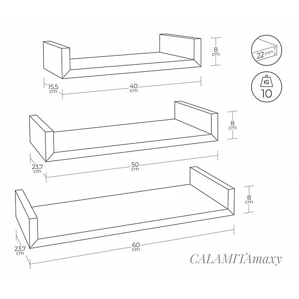 Ensemble de 3 étagères murales design en chêne Sagerau, 60 x 8 cm x 23,7 cm, 50 x 8 cm x 23,7 cm et 40 x 8 cm x 23,7 cm