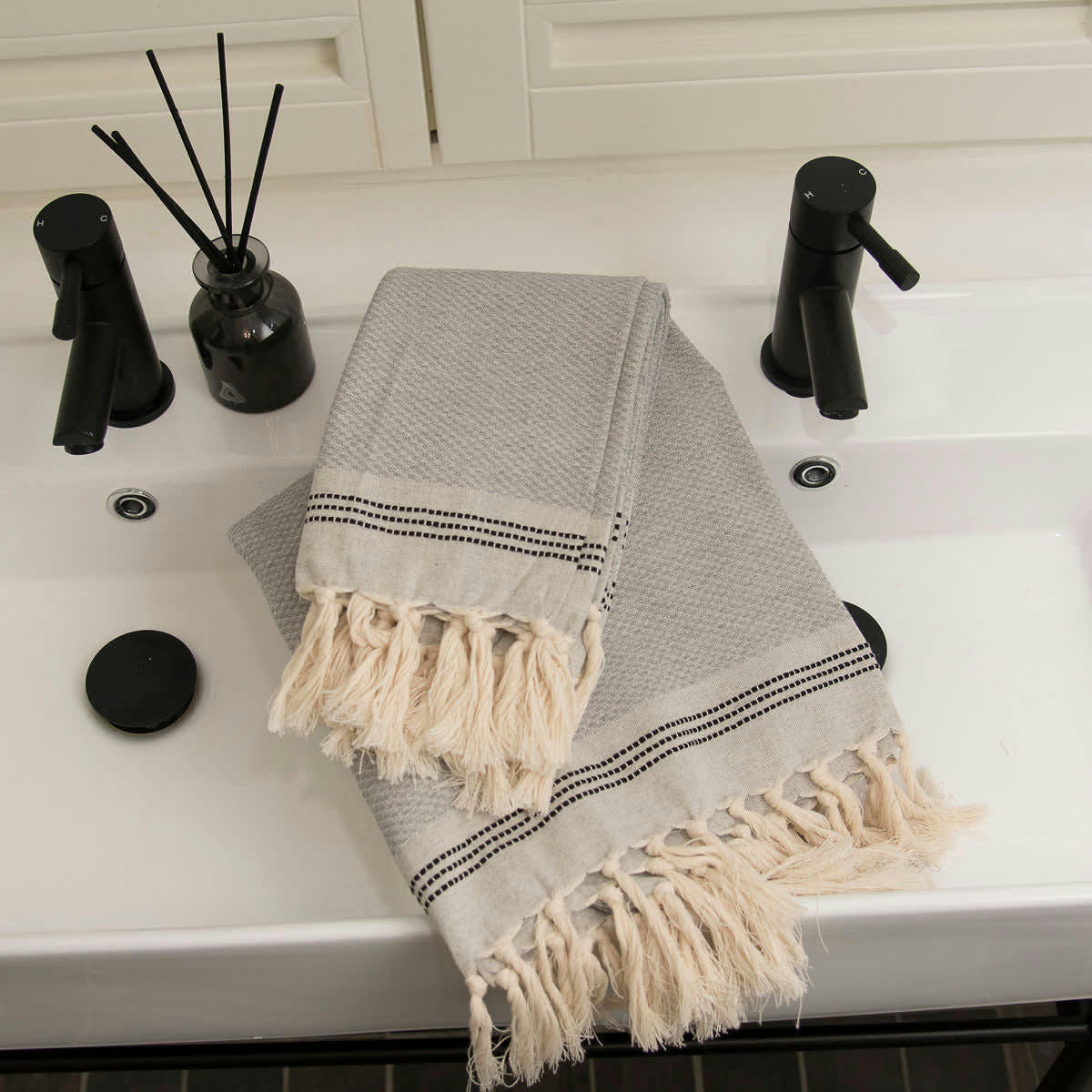 HANA - Set 1 fouta + 2 serviettes coton  100x200 + 50x80 (x2) gris clair