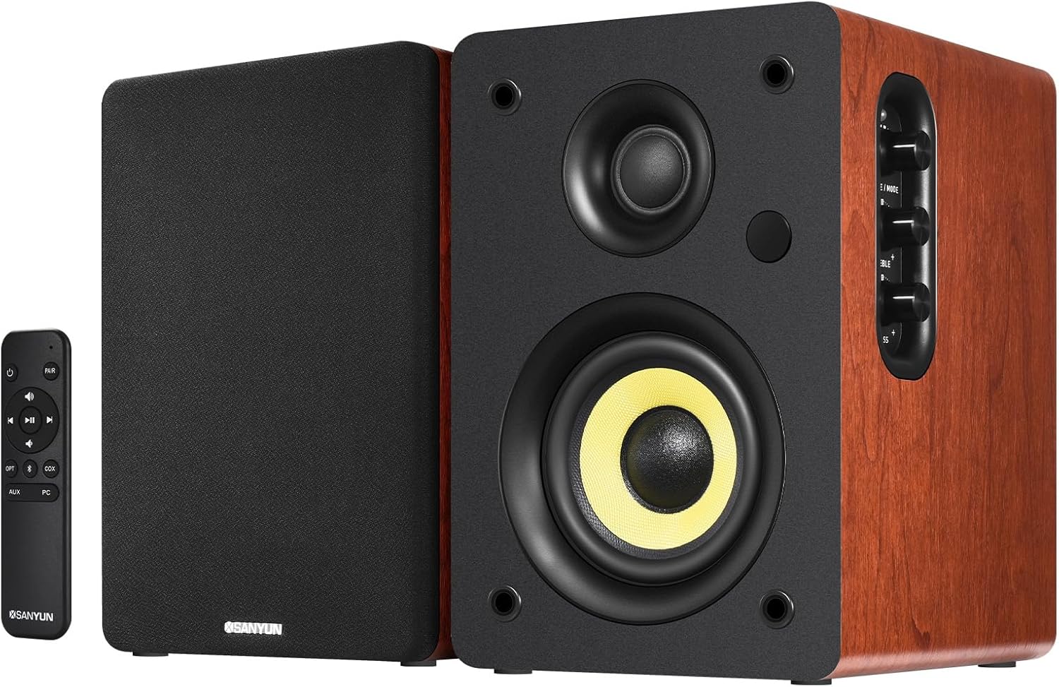 Sanyun SW206 80W Active Dual-Mode Bookshelf Speakers, 4” Studio Monitor & HiFi Mode, Upgraded 3D Sound Field, 6.35mm TRS Balanced, Bluetooth 5.4, Optical Coaxial Aux USB 24bit DAC, Woodgrain
