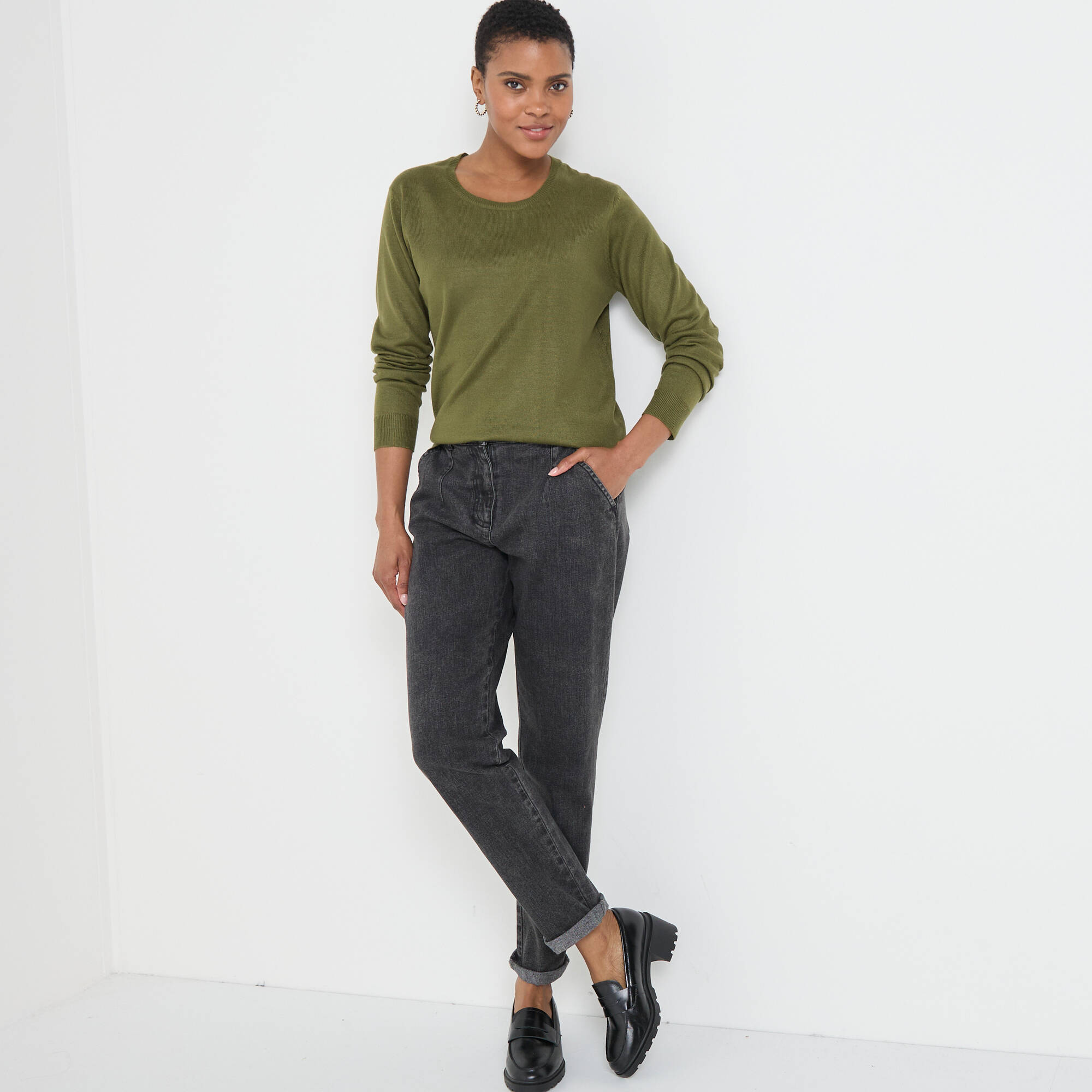 Pull col rond uni, manches longues, toucher doux