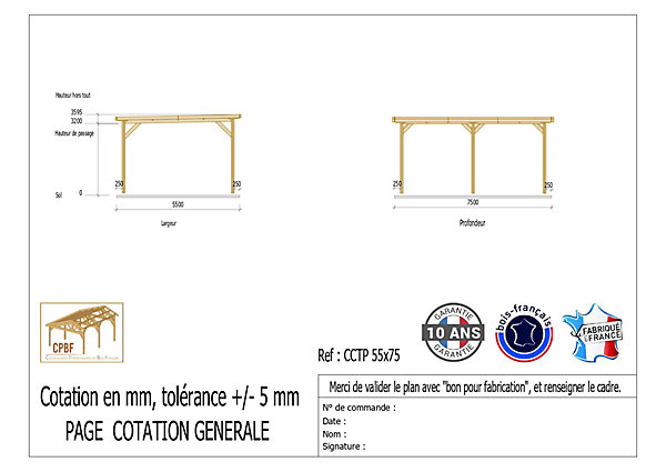 Carport toit plat 550cmx750cm bois DOUGLAS français (charpente - auvent - abri camping-car). 41 m². Garantie 10 ans.