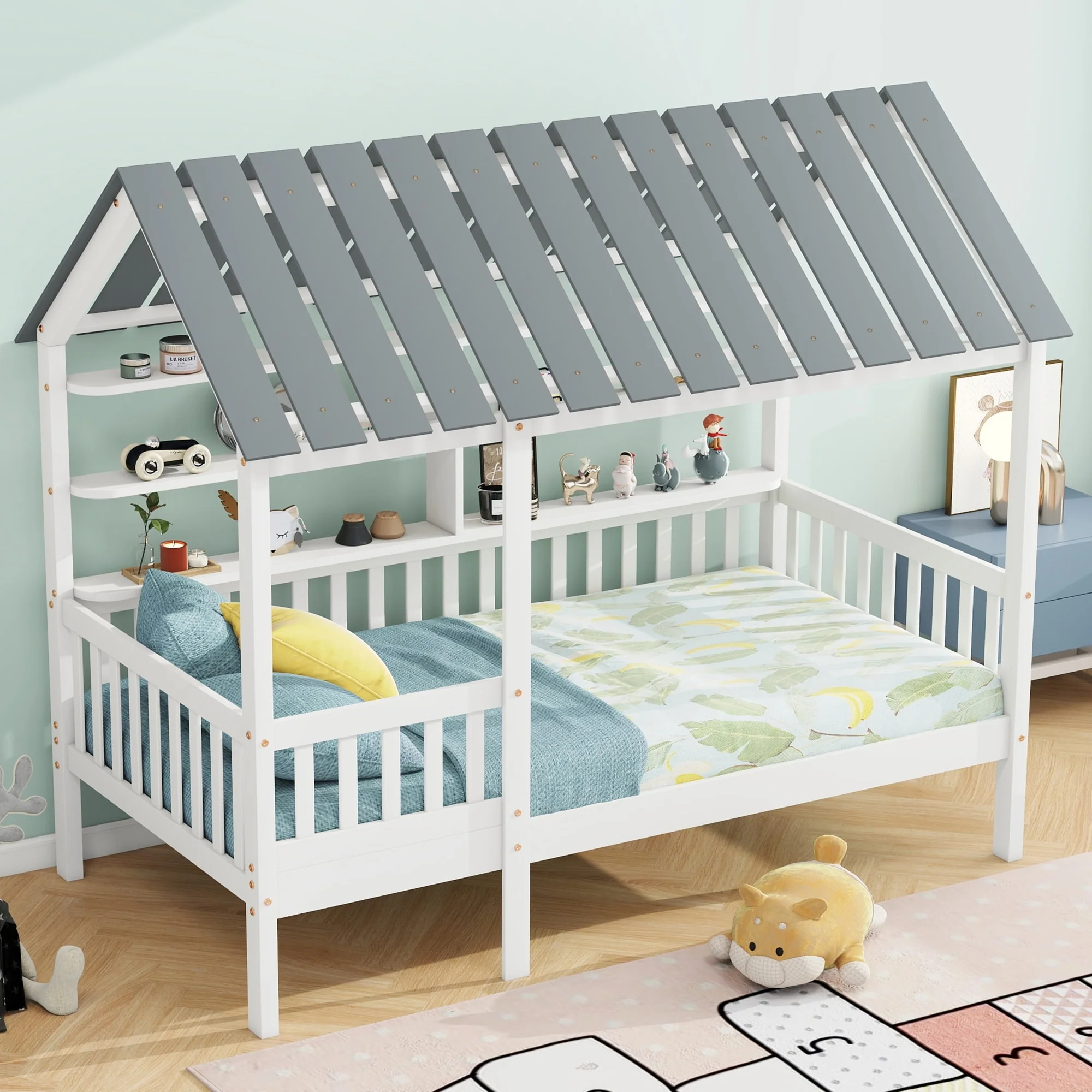 Twin Size Solid Wood House Bed with Roof, Guardrail, and Shelves
