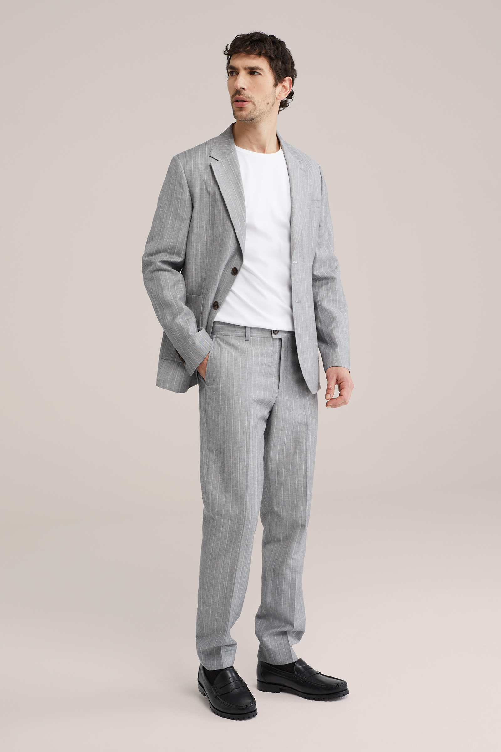 Heren slim fit pantalon van linnenmix met krijtstreep