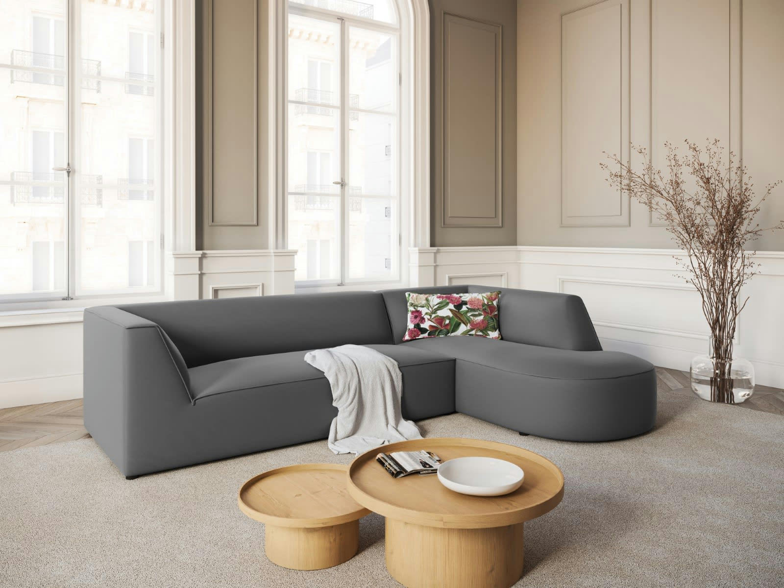 CHARLES - Canapé D'Angle Droit 4 places en Velours Gris Foncé