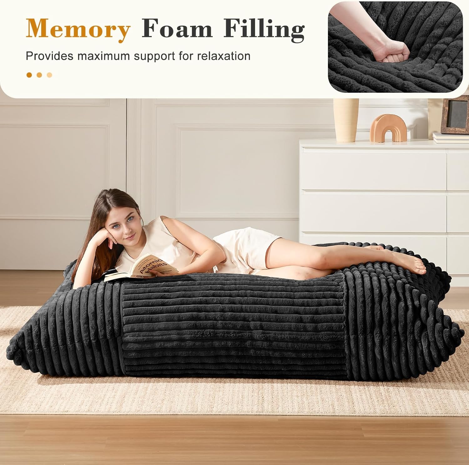 3-in-1 Giant Bean Bag Chair for Adults & Kid, Convertible Floor Sofa to Mattress, High-Density Foam Chair Bed with Washable Cover, Multi Functional Lounge Couch for Bedroom, Living Room (Black)