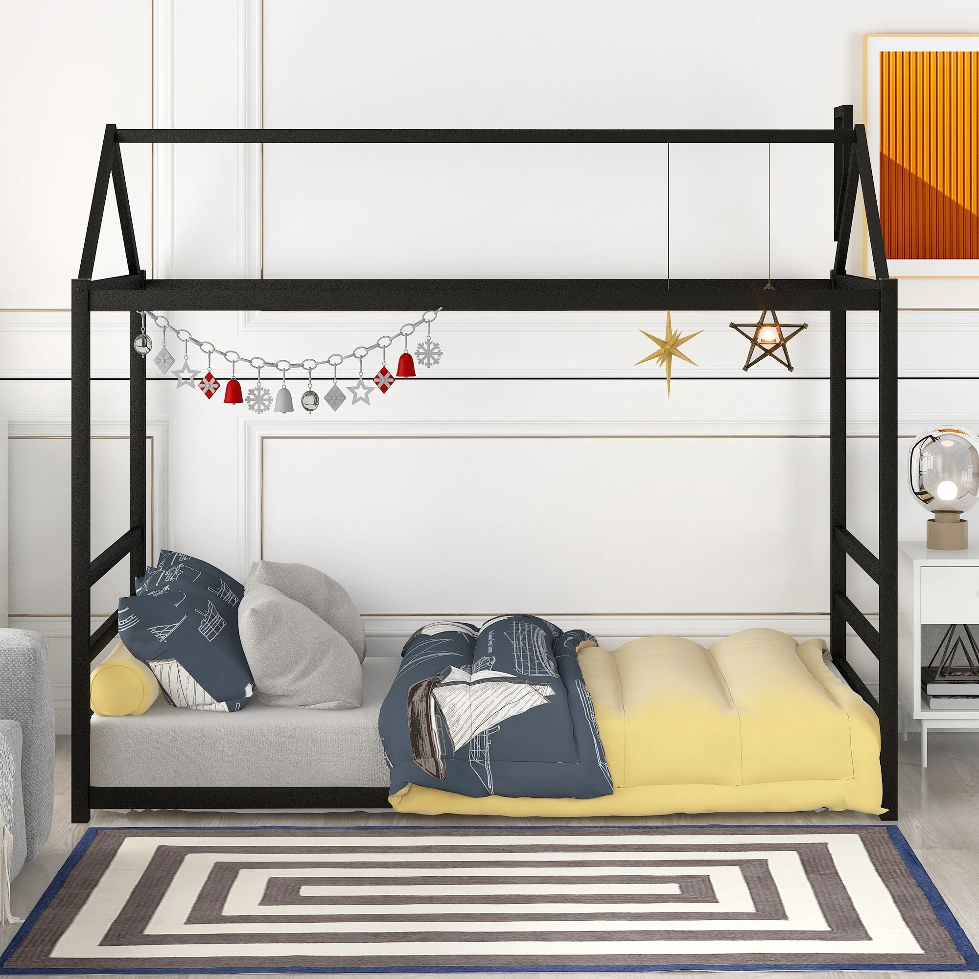 Playful Metal House Twin Bed with Chimney Design, Sturdy and Imaginative