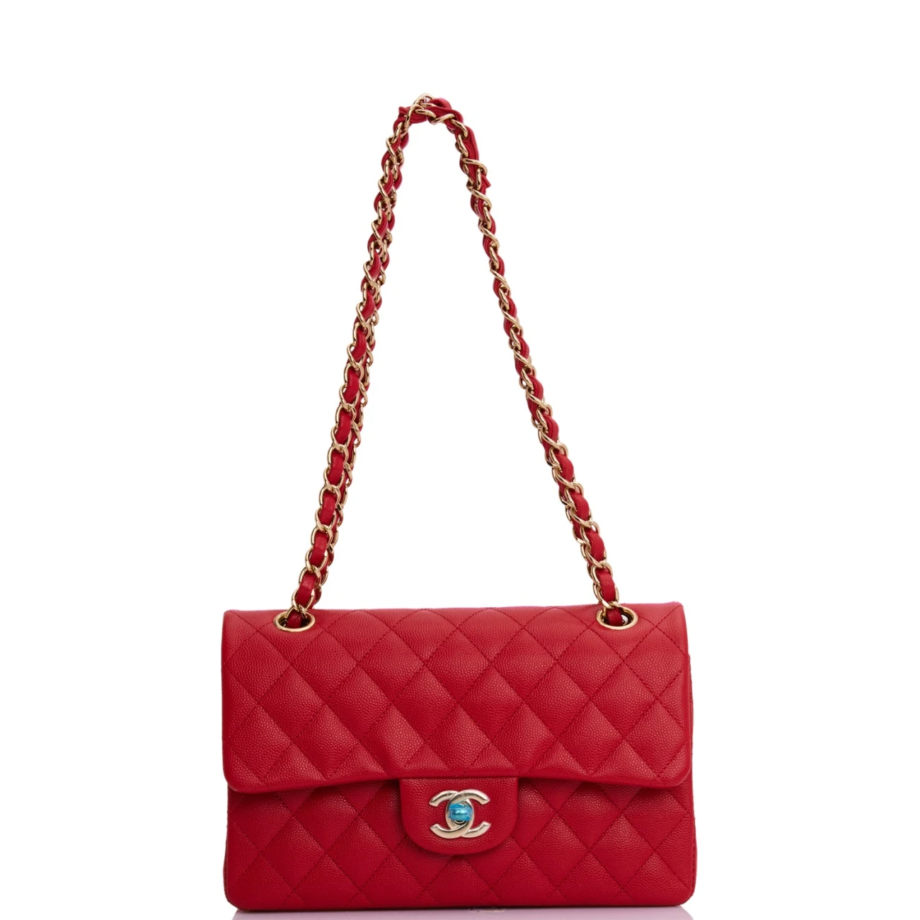 Chanel Classic Flag Bag Small Classic Double Flap Red Caviar Light Gold Hardware
