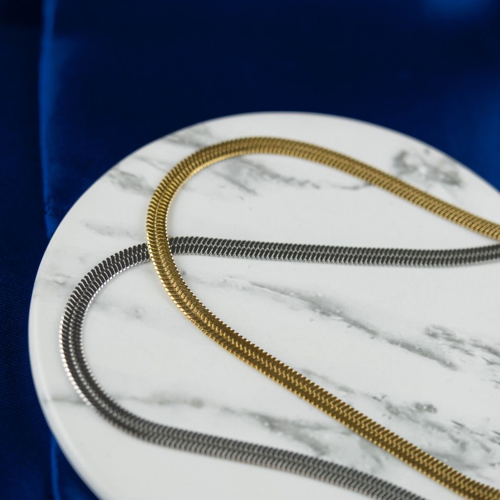 The Colourful Aura Stainless Steel Gold Cuban Link Flat Snake Gourmet Chain Layering Necklace
