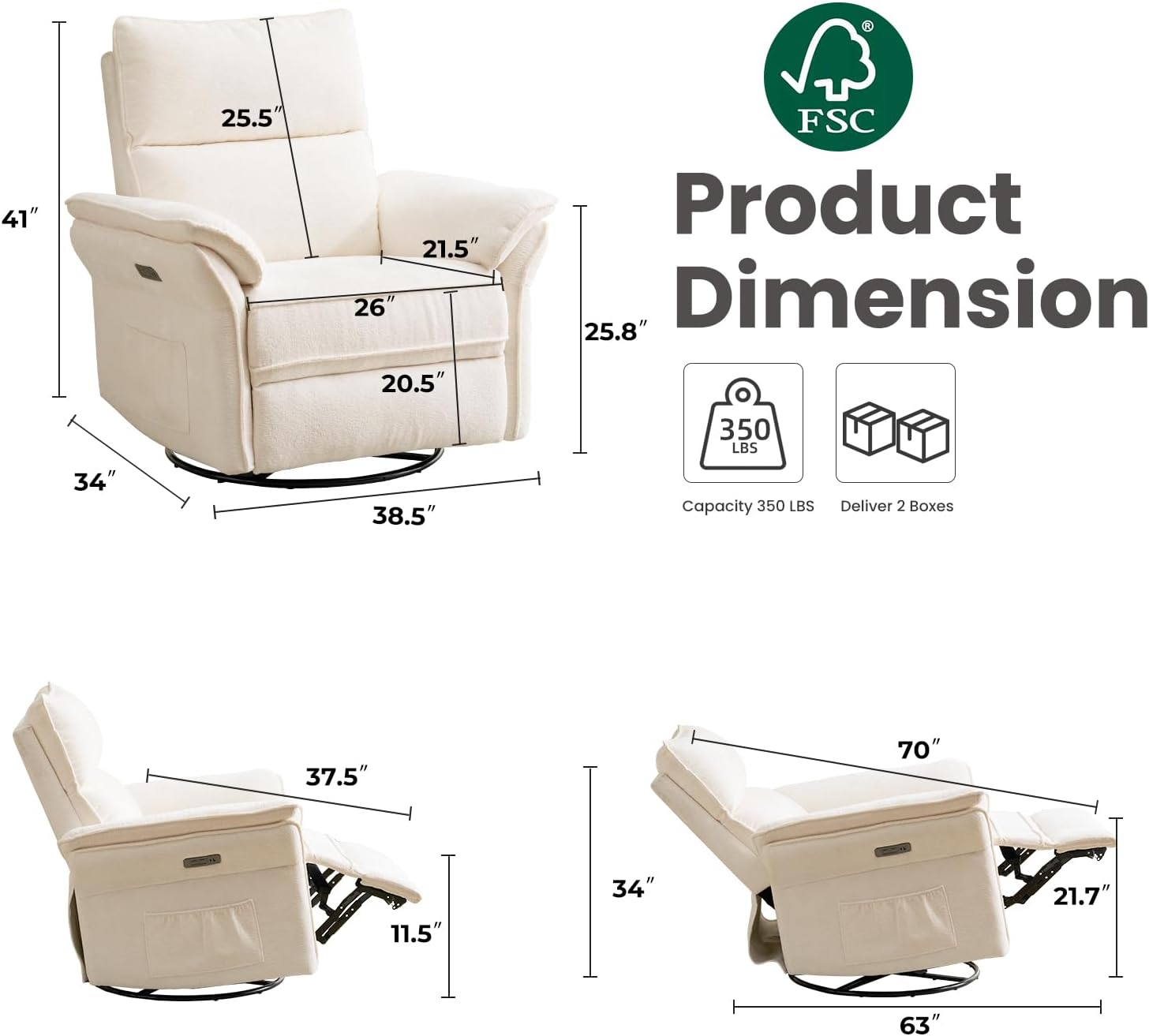 Oversized Power Recliner Chair Swivel Glider with Massage and Heat, Rocker Nursery Recliner for Adults with Adjustable Headrest, 26 Extra Wide Nursery Chair with Overstuffed Armrest,White
