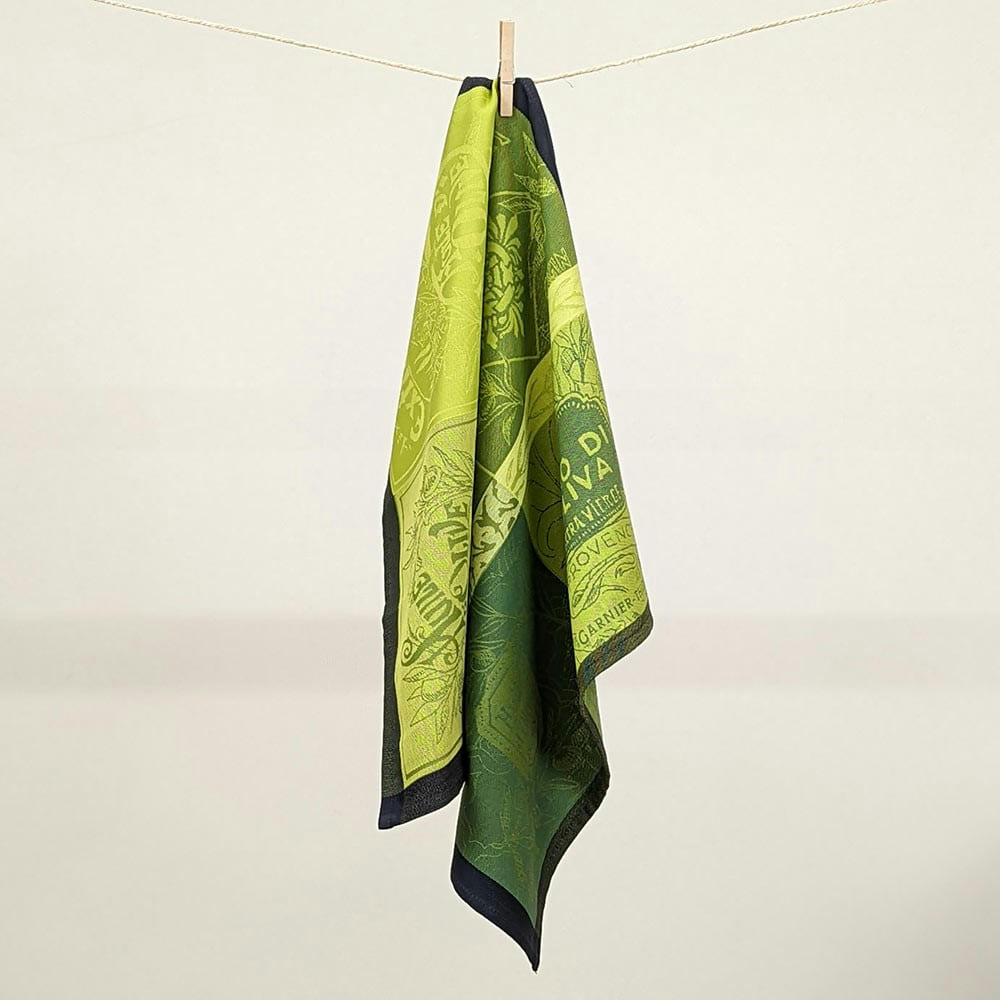 OLIVES VINTAGE VERT - Torchon  pur coton vert 56x77