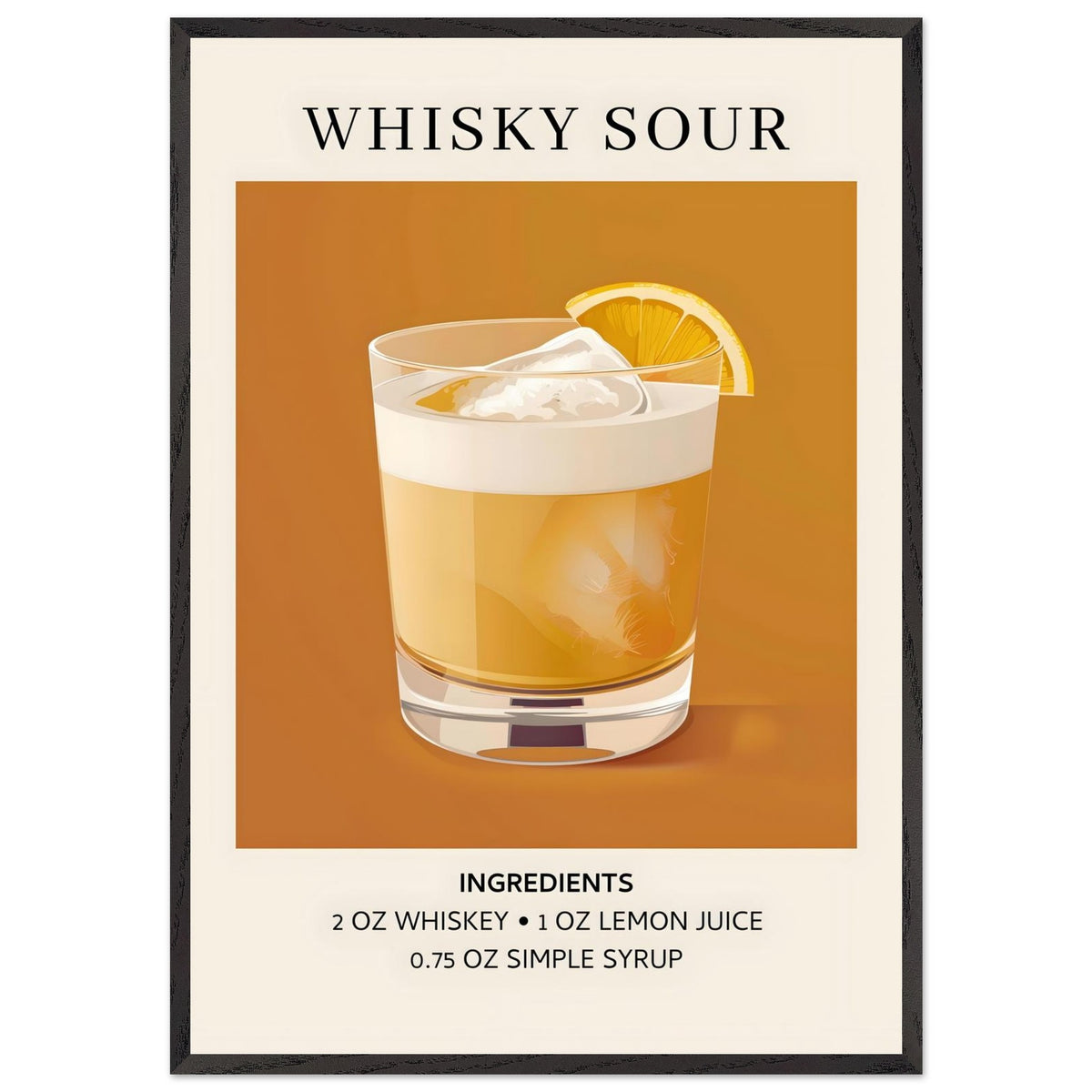 Artfulprints Poster met Lijst Whisky Sour cocktail - Ingrediënten  - 70x100 cm - Oranje