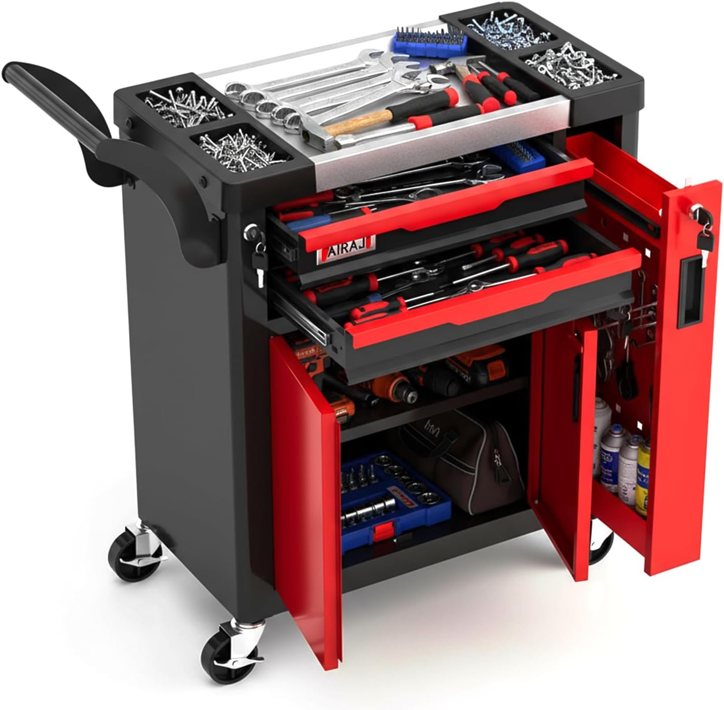 Tool Chest 2-Drawer | Rolling Tool Chest with Wheels/Side Drawer | Drawers Integrated Lockable | Tool Cart/Cabinet with Drawers for Garage Storage,Workshop | Safety Rounded Corner Anti-collision | Red
