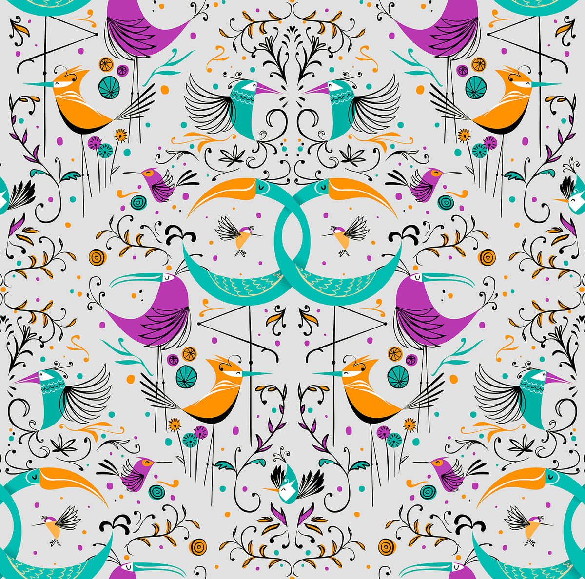 Walls4You behang vogels grijs en meerkleurig - 53 cm x 10 m - 640130