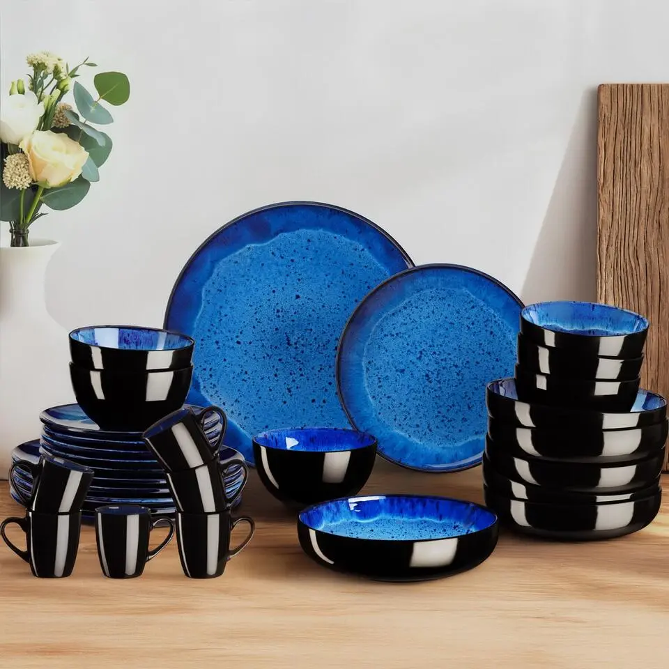 tectake Serviesset Mare van aardewerk, voor 6 personen, Blauw