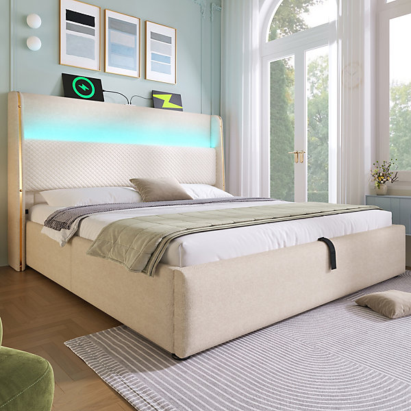 Lit Coffre 160x200 cm - Lit Double avec Sommier Relevable et Rangement - Ports USB Type-C - Tissu Lin Beige - Sans Matelas