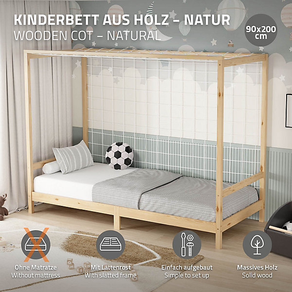 Lit d'enfant ML-Design 90x200 cm naturel beige bois de pin avec but de football et sommier à lattes