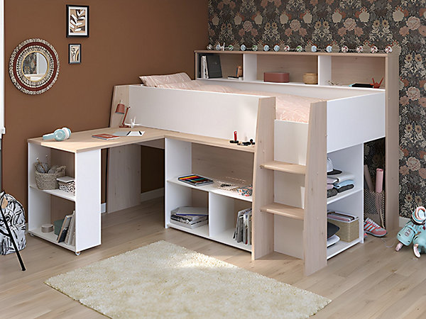 Lit combiné 90 x 200 cm avec bureau et rangements - Blanc et naturel   Matelas - APOLINO