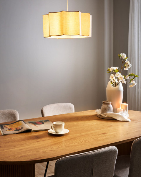 Lampa wisząca metalowa materiałowy abażur biel i jasny beż