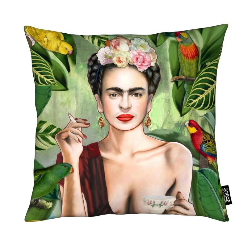 FRIDA CON AMIGOS - Coussin en microfibre en rouge & vert 50x50