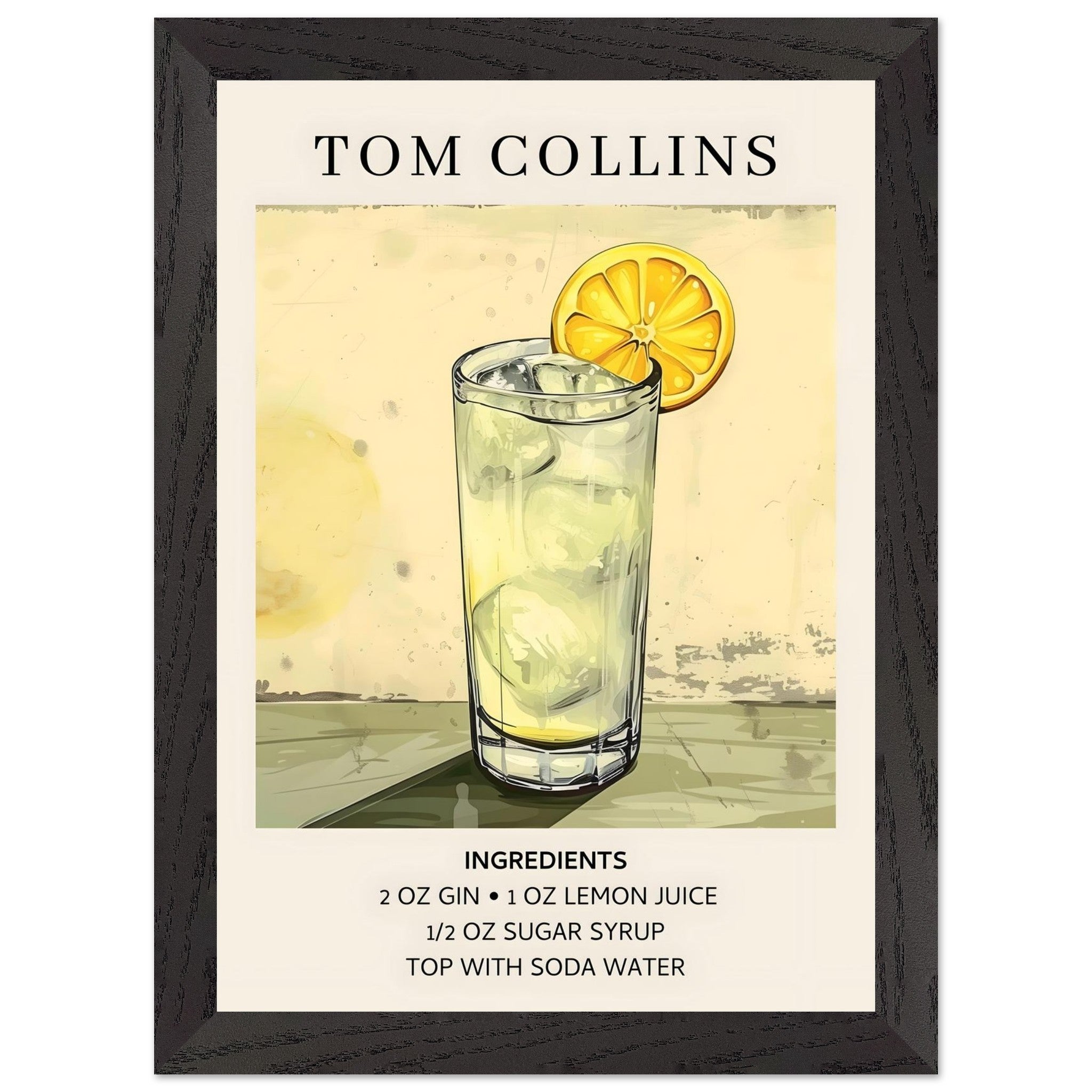 Artfulprints Poster met Lijst Tom Collins cocktail - Ingrediënten  - A4 21x29.7 cm - Groen