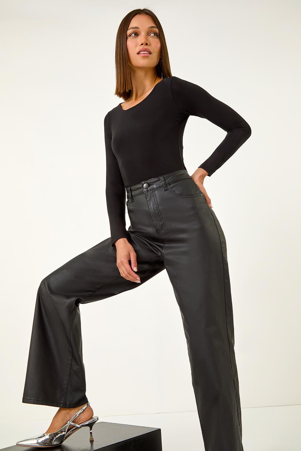 Roman Coated Stretch Waist Wide Leg Jeans